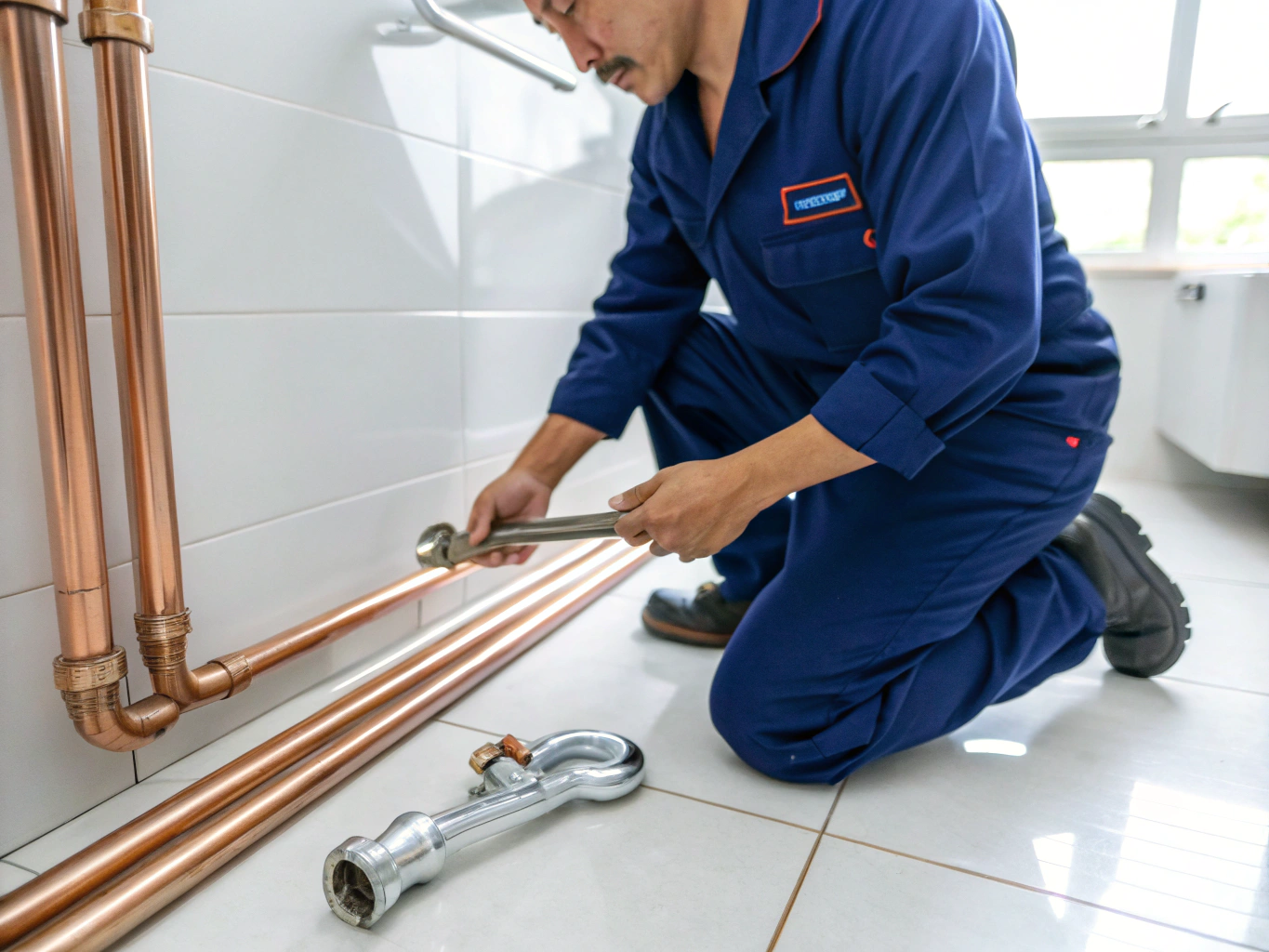 Plombier professionnel effectuant une installation sanitaire