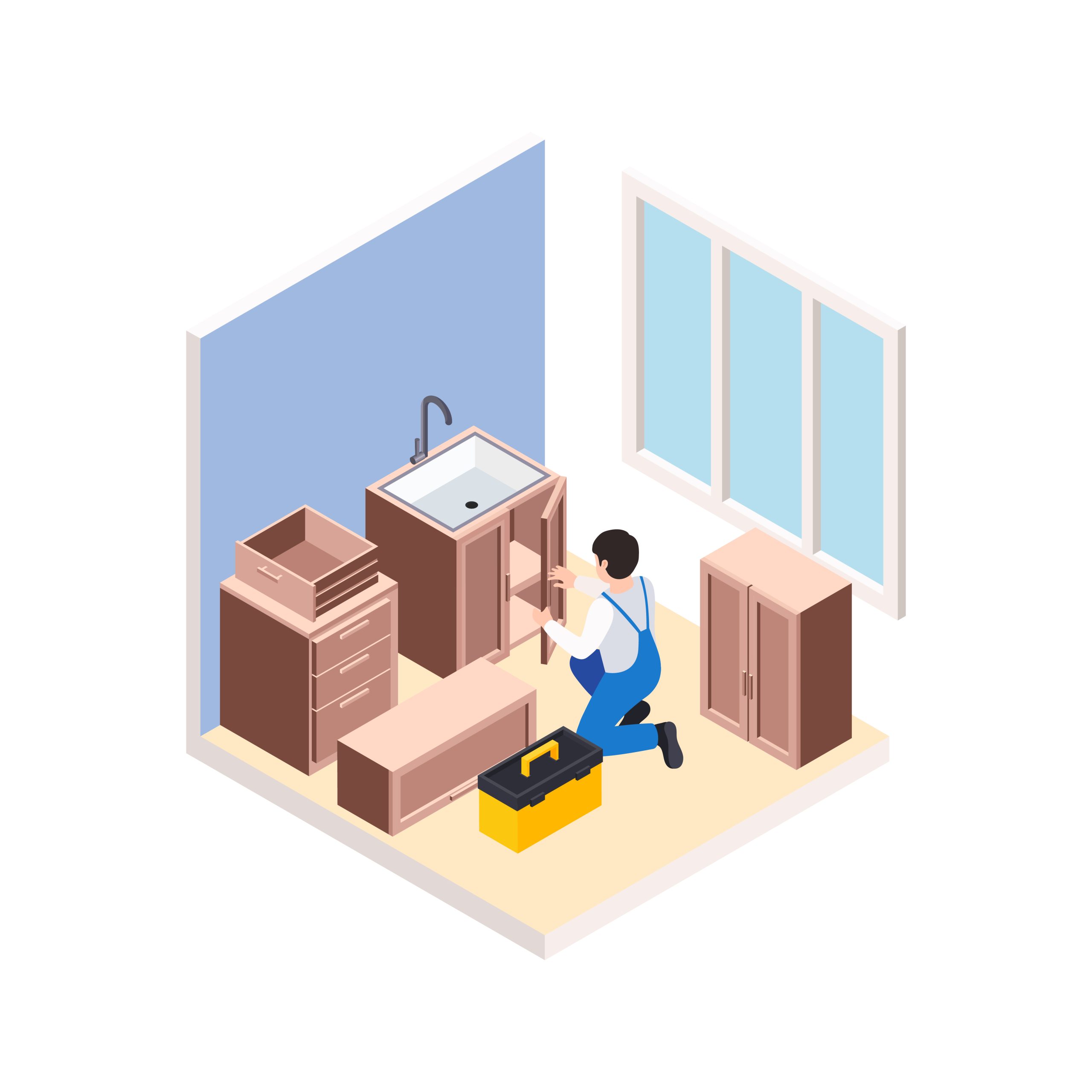 Renovation repair works isometric composition with character of handyman assembling furniture in kitchen vector illustration